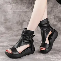 Comemore Women Summer Roman Sandals Boots 2025 Mid Heels Wedges Shoes Ladies Vintage PU Leather Sandalias Mujer Sapato Feminino