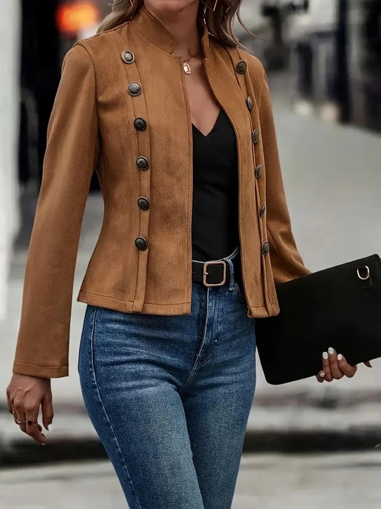 Vintage falso camurça gola jaqueta feminina casaco outono inverno casual aberto frente botão decoração casacos moda feminina jaquetas