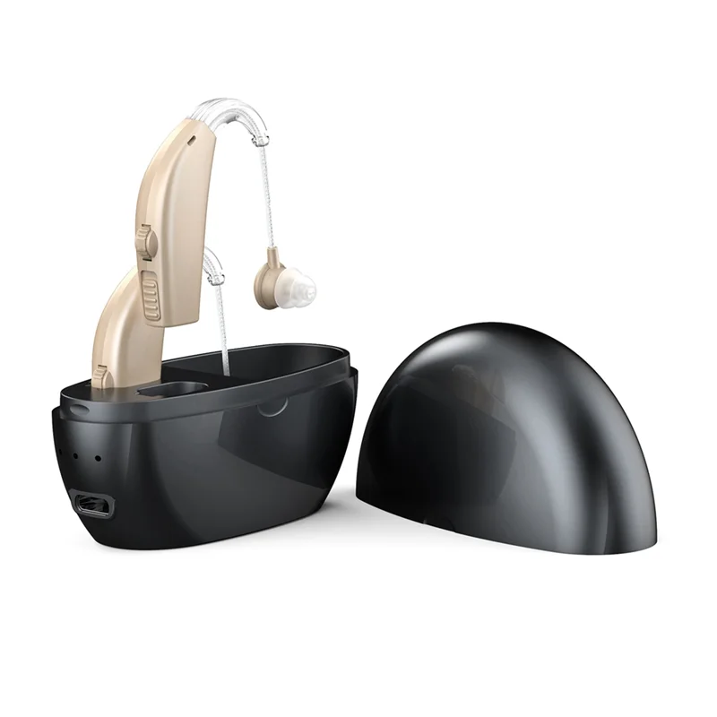 جهاز سماعات الرأس لكبار السن مع شحن مغناطيسي ومضخم صوت لاسلكي محمول قابل لإعادة الشحن باللون الأسود والبيج