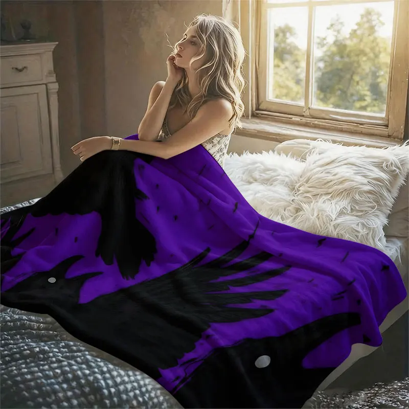 Black Ravens Purple Flannel Blanket Perfect for Sofa Office Bed Travel Sleep Read Relax Camping Four Season Use