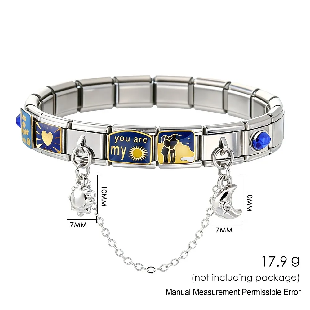2026 Set 9mm Italian 18pcs Pack Stainless Steel Charm Jewelry DIY Accessories Fashion Sun Moon Love Chain Bracelet Combination