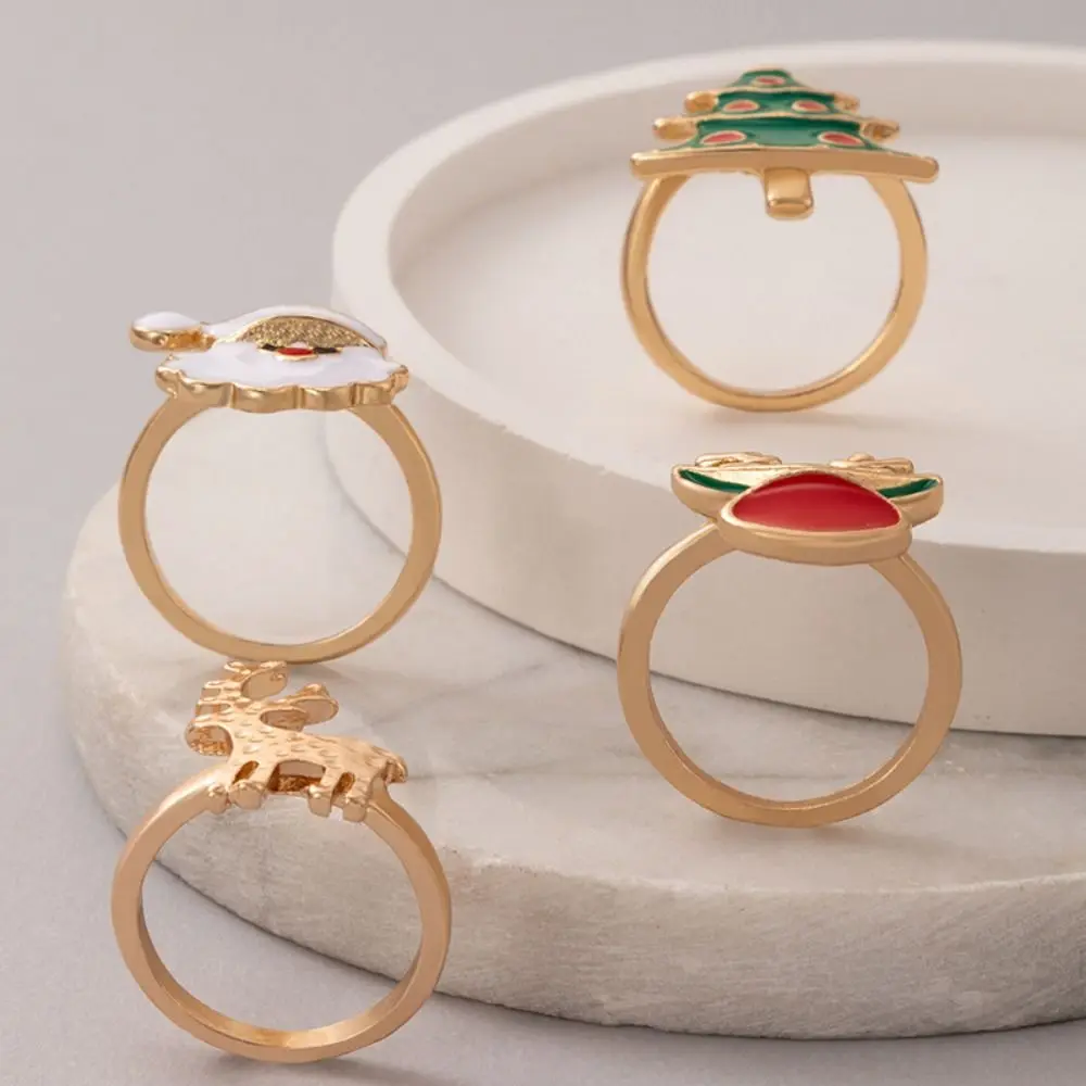 Retro Christmas Tree Christmas Ring Set Dripping Oil Elk Enamel Santa Claus Ring Cartoon Alloy Xmas Jewelry Ornaments Women