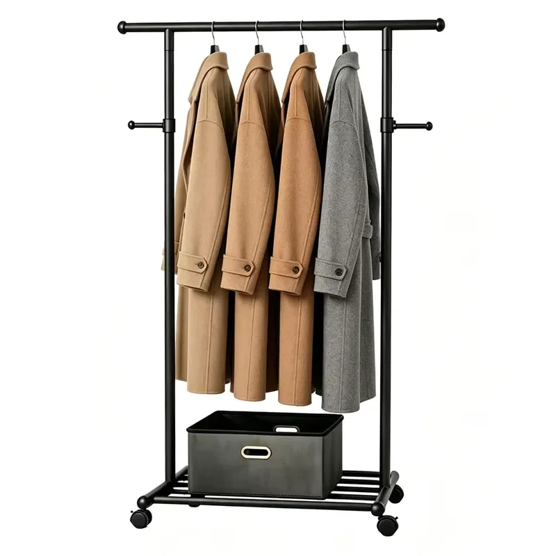Metal Movable Single Rod Hanger Rack With Side Hook And Bottom Storage Shelf For Clothes Drying Heavy Duty Garment Organizer