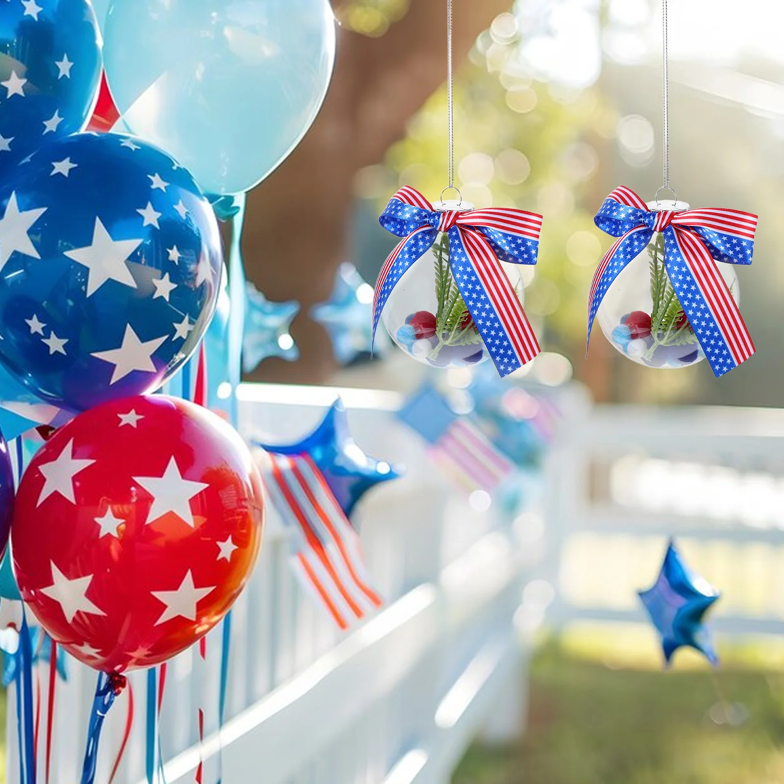 

2Pcs Independence Day Plastic Hanging Balls Ribbon Bows Outdoor Decorations Usa Memorial Day Garden Balcony