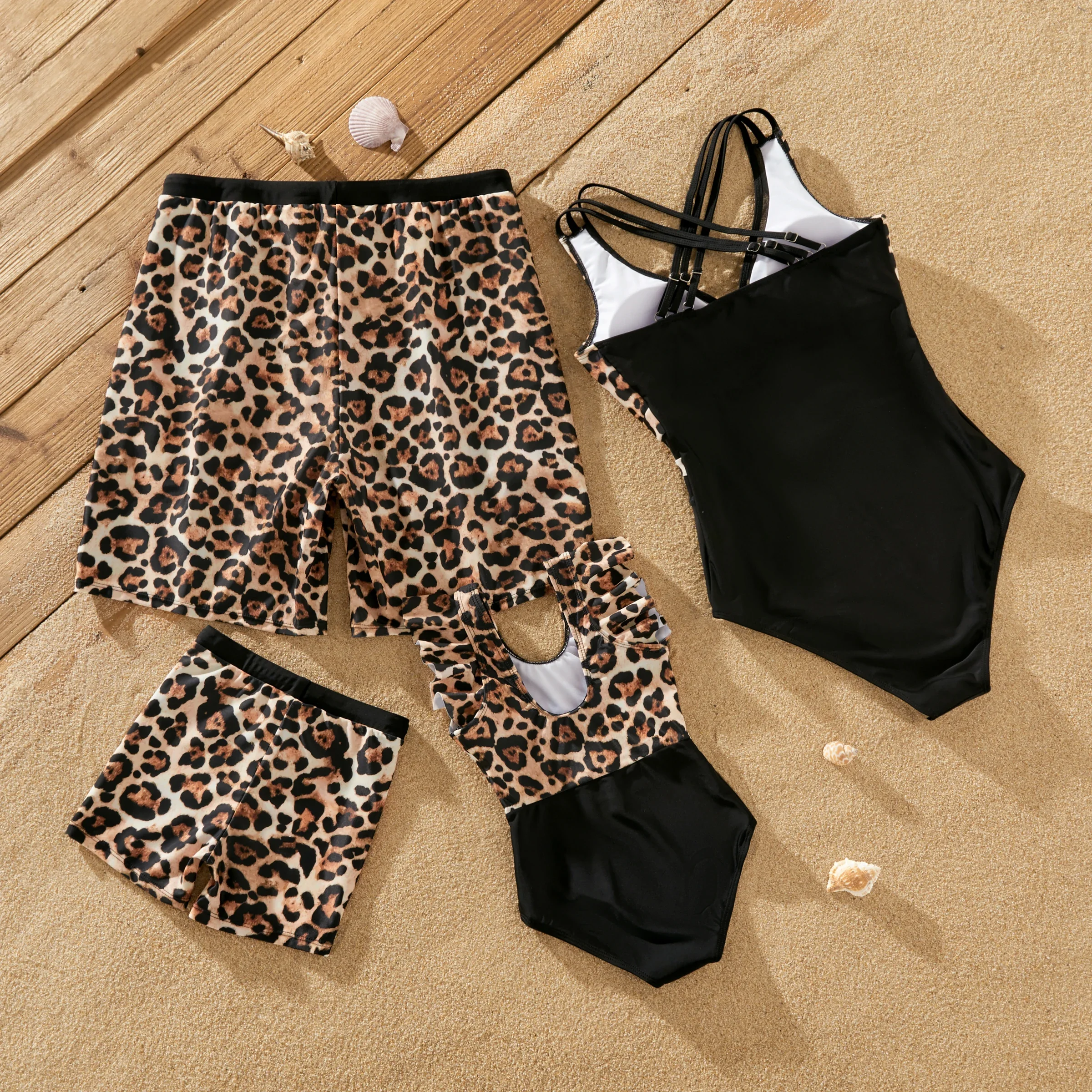 PatPat Family Matching Leopard Printed Swim Trunks or One-Piece Cross Back Splicing Swimsuit Suitable for Summer Season