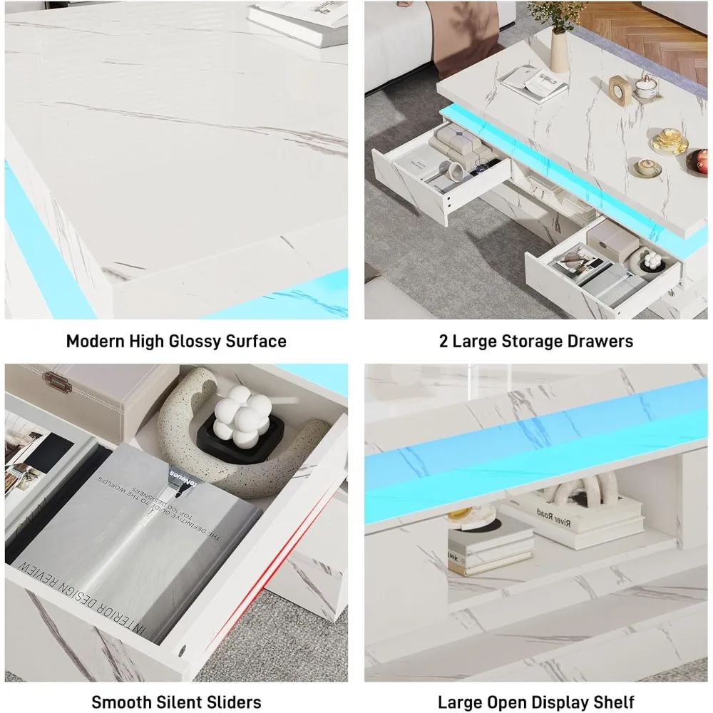 47.2 inch Modern High Glossy LED Coffee Table with 2 Sliding Drawers, Double-Layer Center Tables with LED Lights for Livings Roo