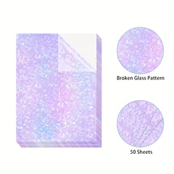 50 Sheets 2.9×4.1 Inch Broken Glass Glitter Holographic Clear Vinyl Cold Laminating Film Stickers Self Adhesive,Waterproof