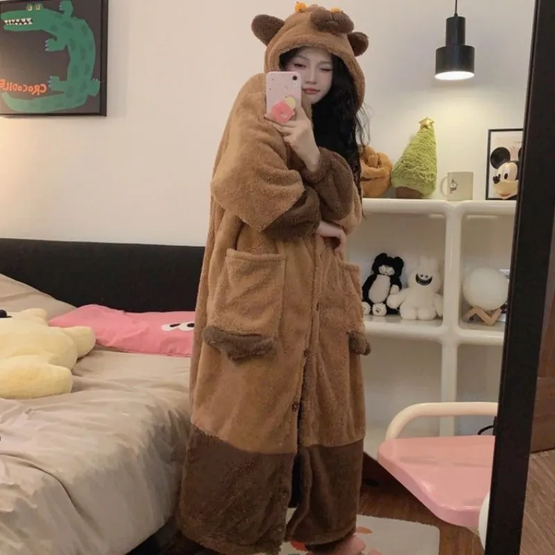 Cute Capybara Winter Pajama Cartoon Animal Soft  Jumpsuit For Adults Kawaii Velvet Pajama Night Robe Cosplay Suit Gift