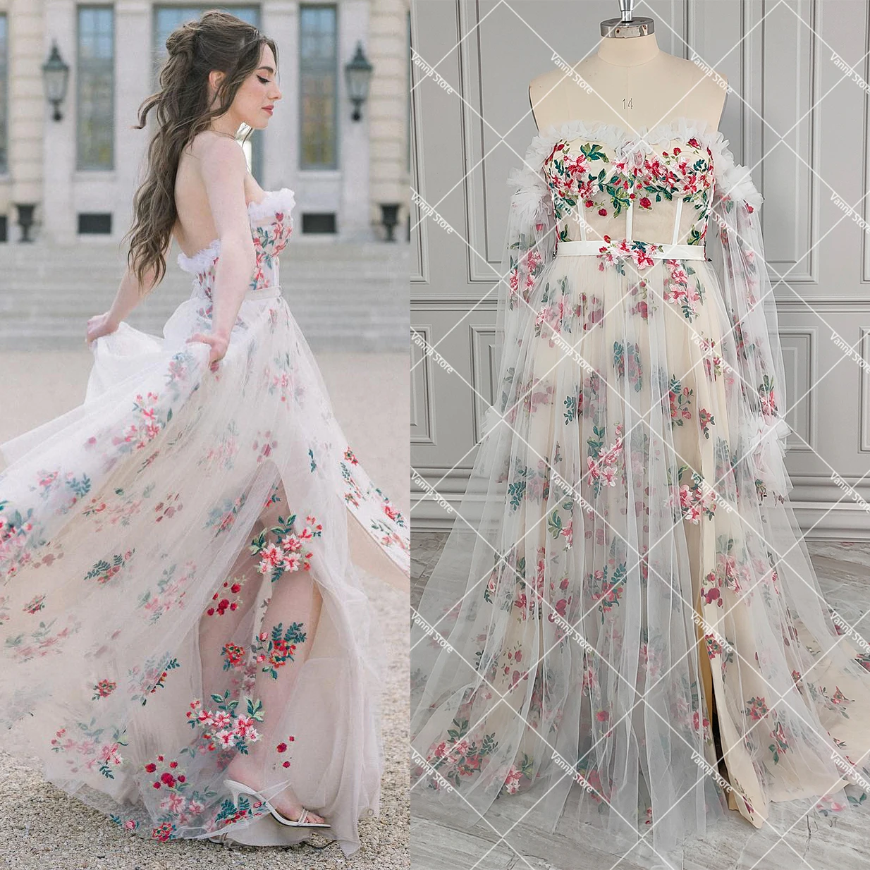 Customized Colorful Blossom Maternity Wedding Dress Ruffled Sweetheart Embroidered Tulle Long Billowing Sleeves Bridal Gowns