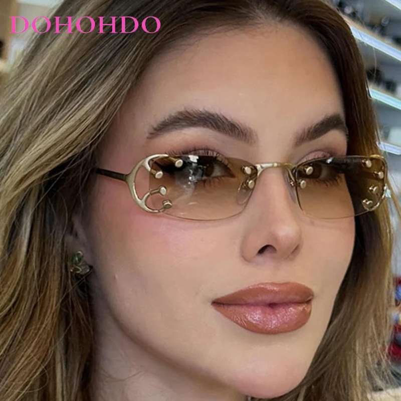 Trendy Designer Luxury Brand Metal Rimless Women Sunglasses UV400 Fashion Driving Cycling Travel Eyewear Man Gafas De Sol Hombre