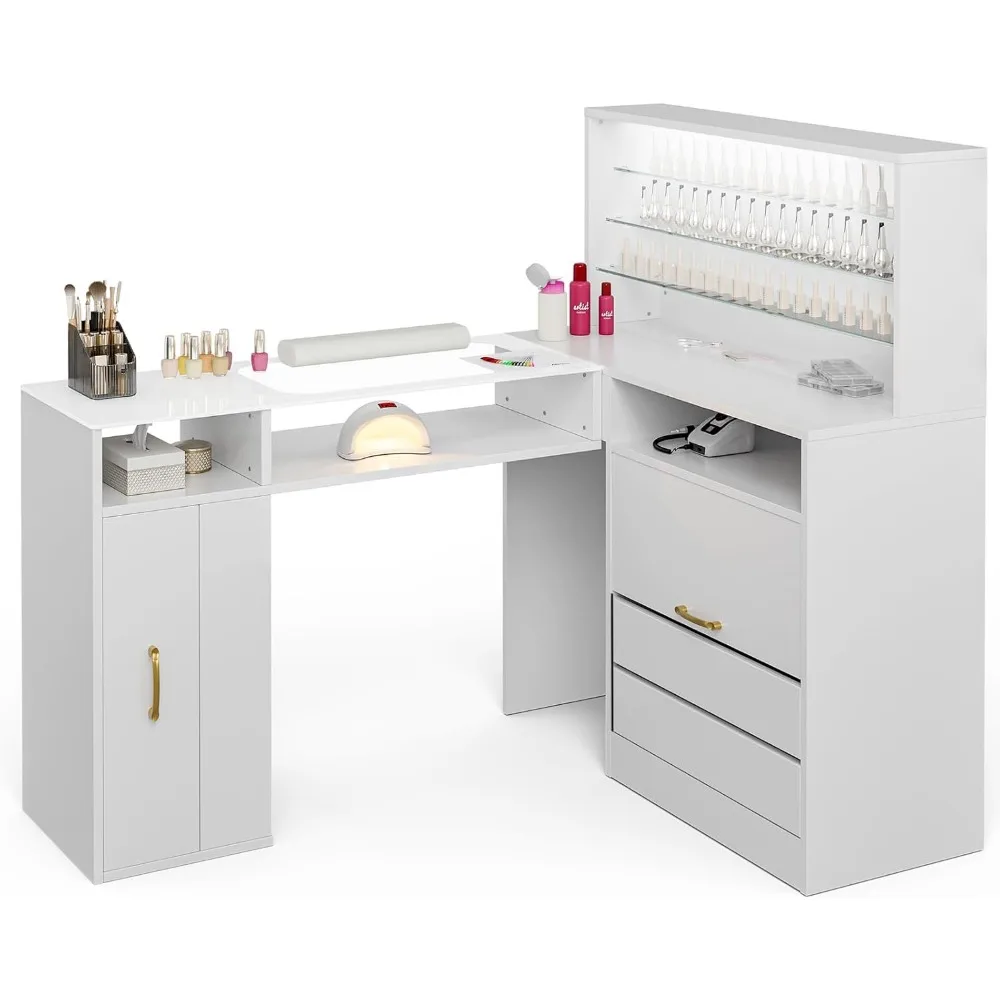 L-shaped nail table, glass countertop nail table, with storage drawers, LED lights, wrist pads, and gold handles