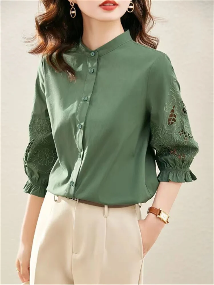 Lantern Sleeve Blouses Women Shirt Hollow Out Half Sleeve Shirt Summer Blouse Loose Cardigan Top Grace Embroidered Female Shirt