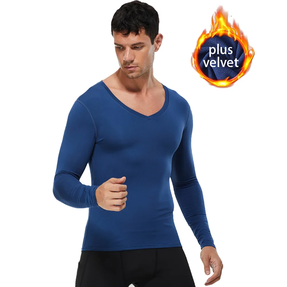 Men Thermal Compression Shirt Quick Dry Tight V-neck Long Sleeve Running T-shirt Gym Fitness Training Bodybuilding Sportswear