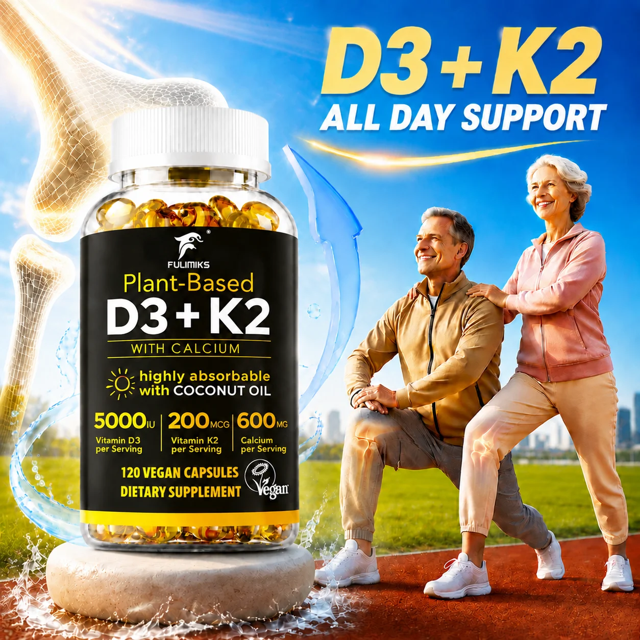 Plant‑Based Vitamin D3 K2 Capsules, 5000IU D3 200mcg K2 Plus Coconut Oil, Support Bone Strength & Density, Calcium Absorption