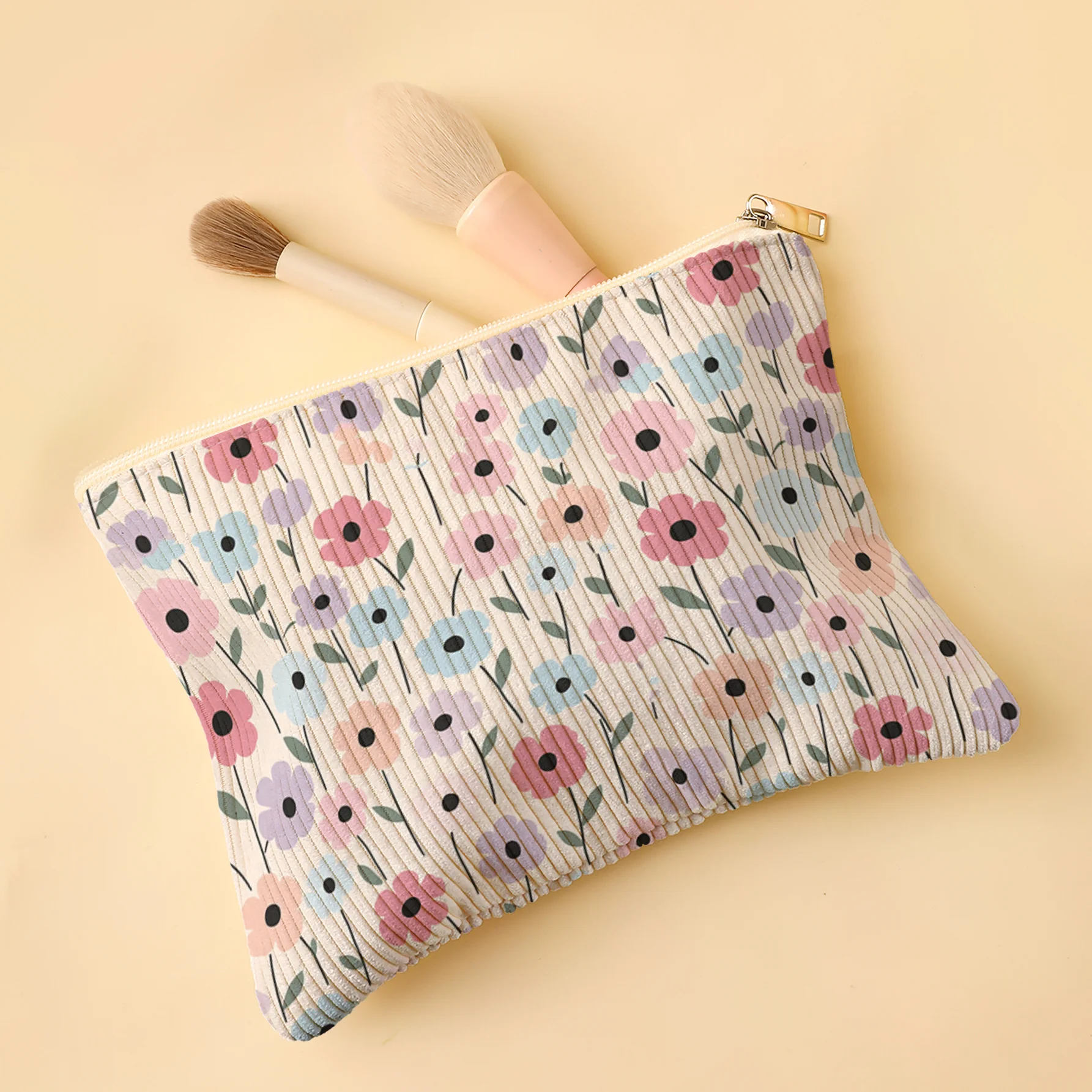 Corduroy Makeup Bag Large Capacity Colorful Small Floral 2D Print + Smooth Zipper Fits Foundation Eye Shadow Palette Lipstick