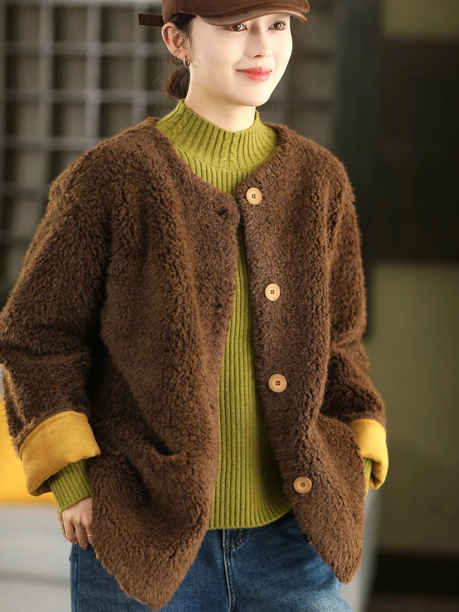 

Thiened Leather Fur Inteated Women's Faionable Lamb Fur Warmth Inner Suede Single Button Winter Coat Open Cardigan