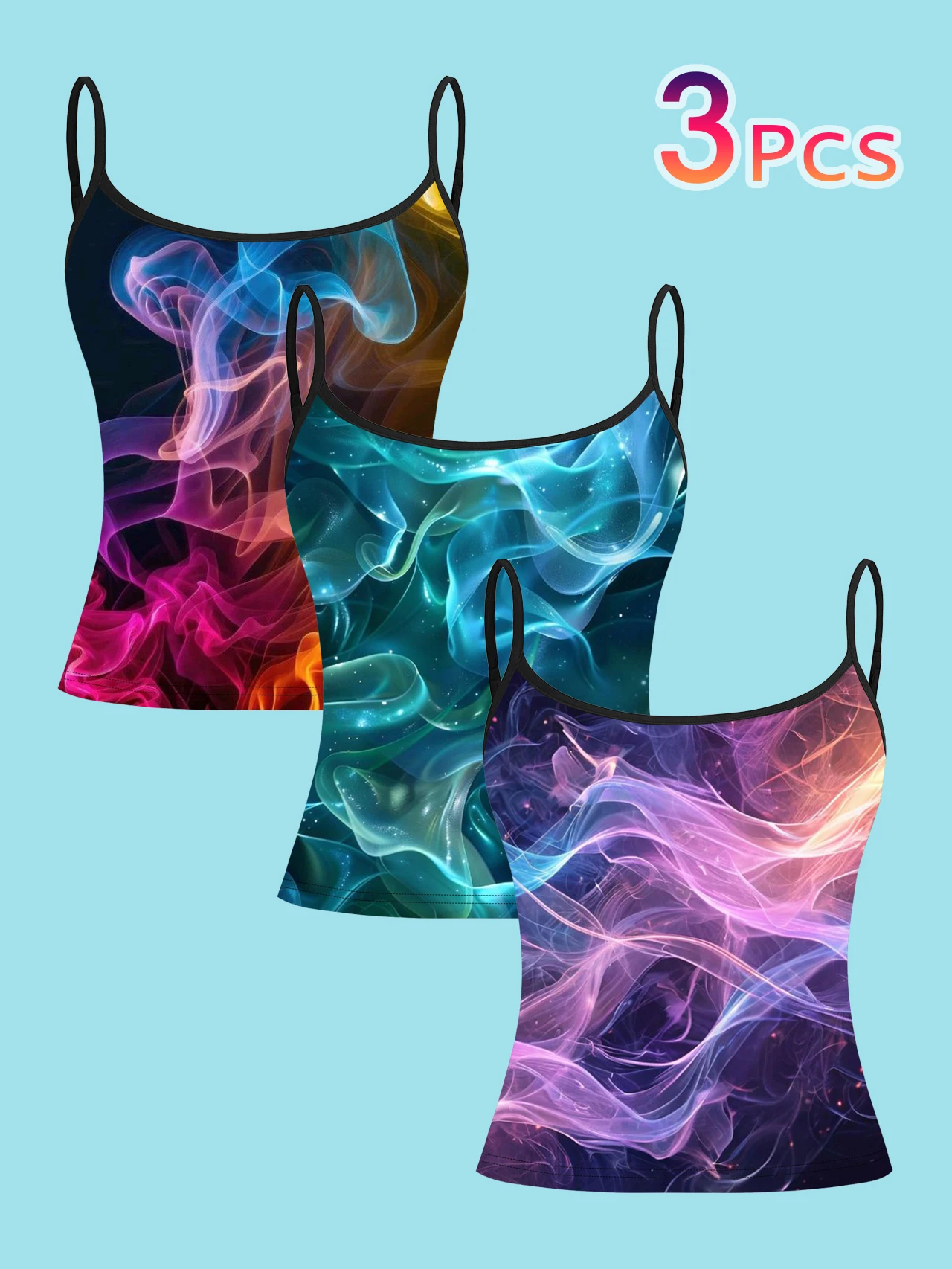 3-Pack of Dreamy Smoke-Effect Silk Print Camisoles for Women, Dark Base with Pink, Purple, Blue, and Cloud Pattern Particles, Slim-Fit Spaghetti Strap Inner Tops