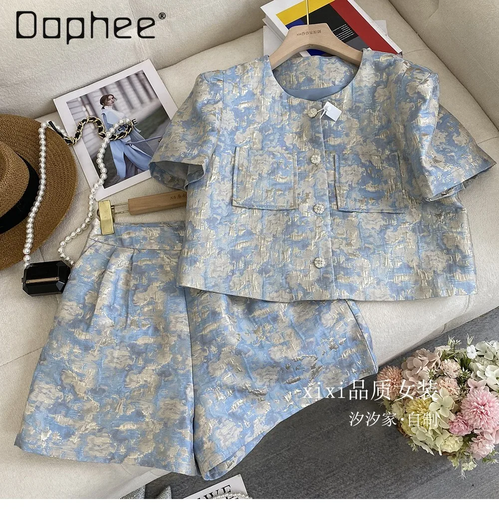 

French Sweet Tweed Suit Women Summer 2025 New Fashion Temperament Retro Jacquard Short-sleeved Top Wide-leg Shorts Two-piece Set
