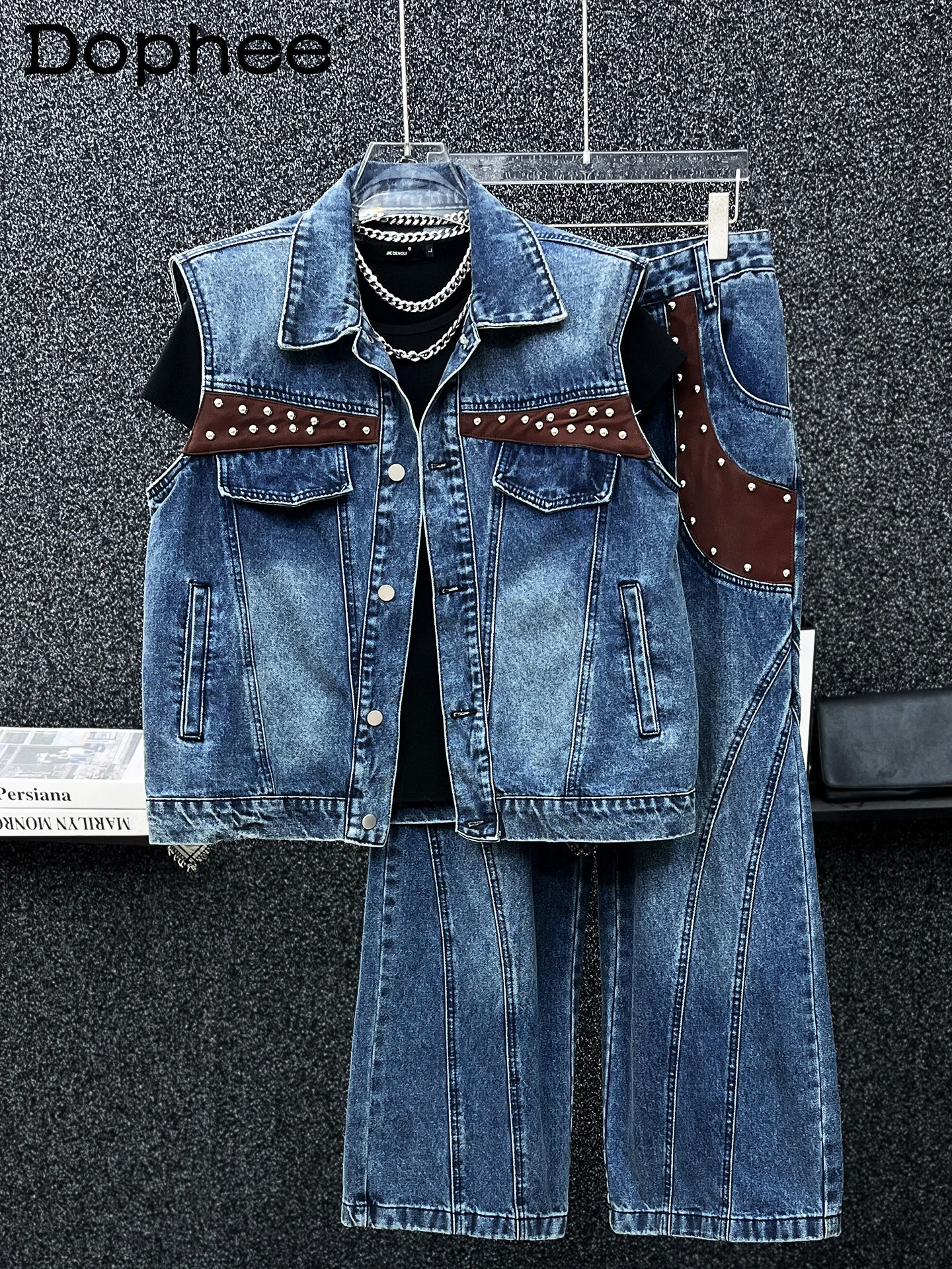 Japan and South Korea Summer Fashion Trend Sleeveless Denim Vest Suit Handsome Boys Senior Sense Rivet Splicing Trousers Suit