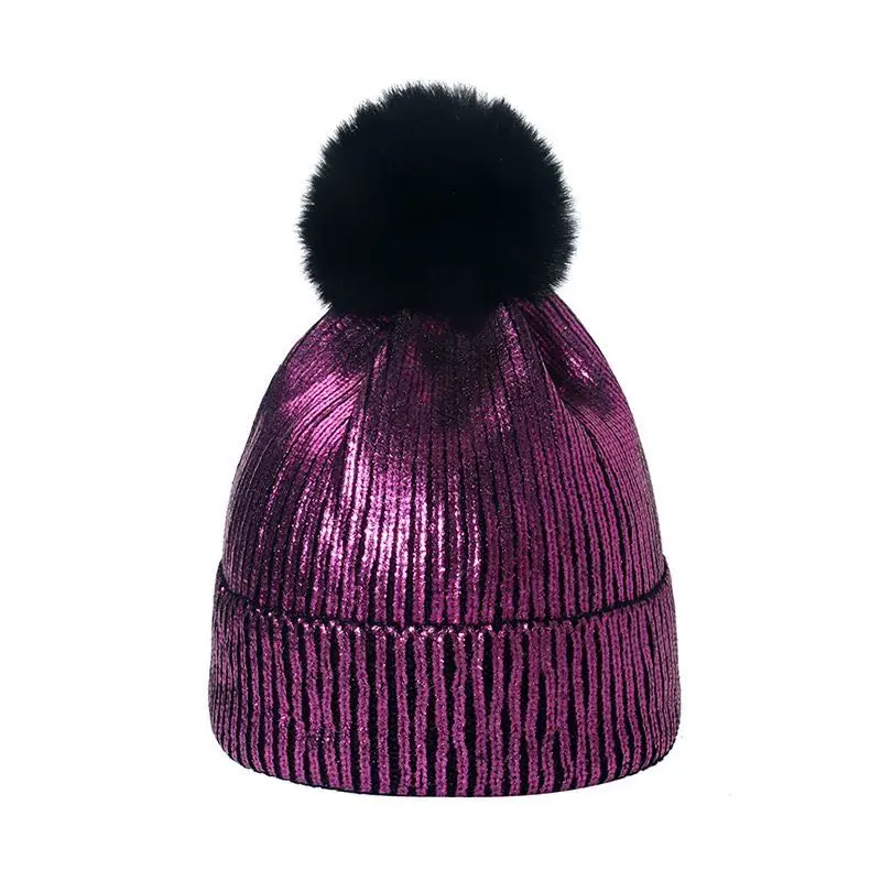 ladies women girl fashion Winter shining metallic beanie hat with pompom