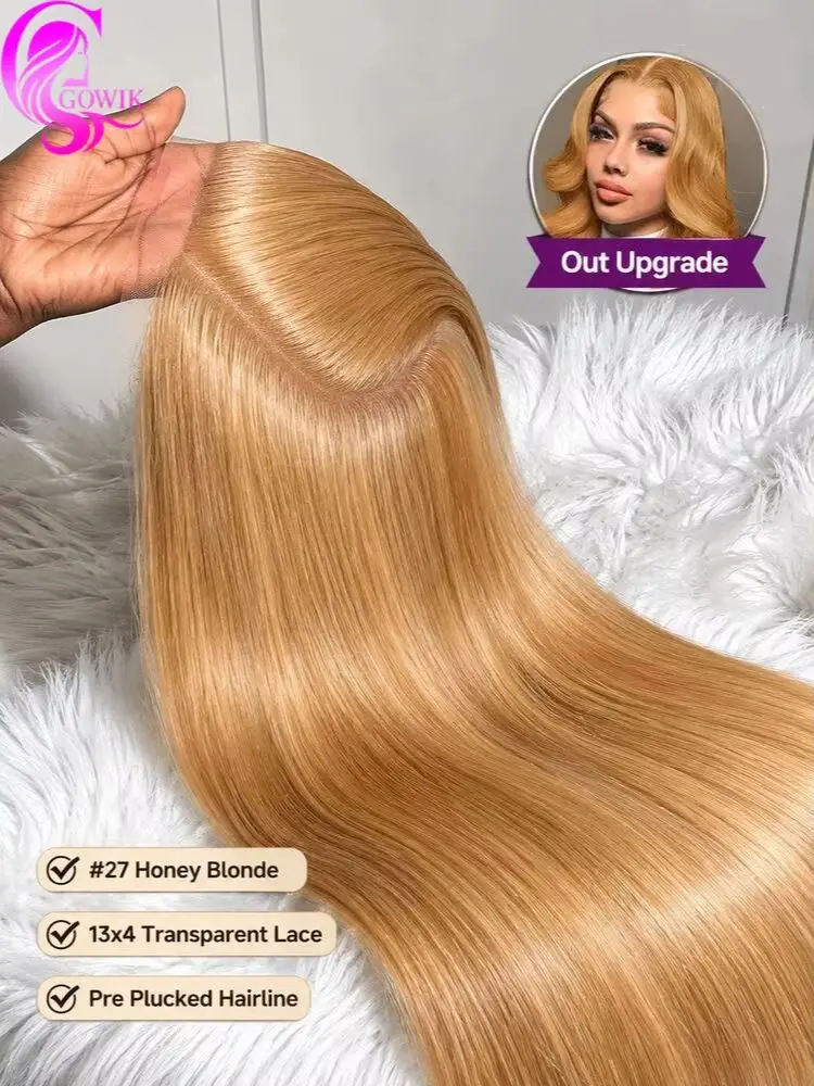 Perruque GOWIK 36 pouces blond miel en cheveux humains, perruques frontales en dentelle HD 13x6 pré-épilées pour femmes, densité 200 # Perruque en cheveux humains lisses blond miel colorée 27 tons