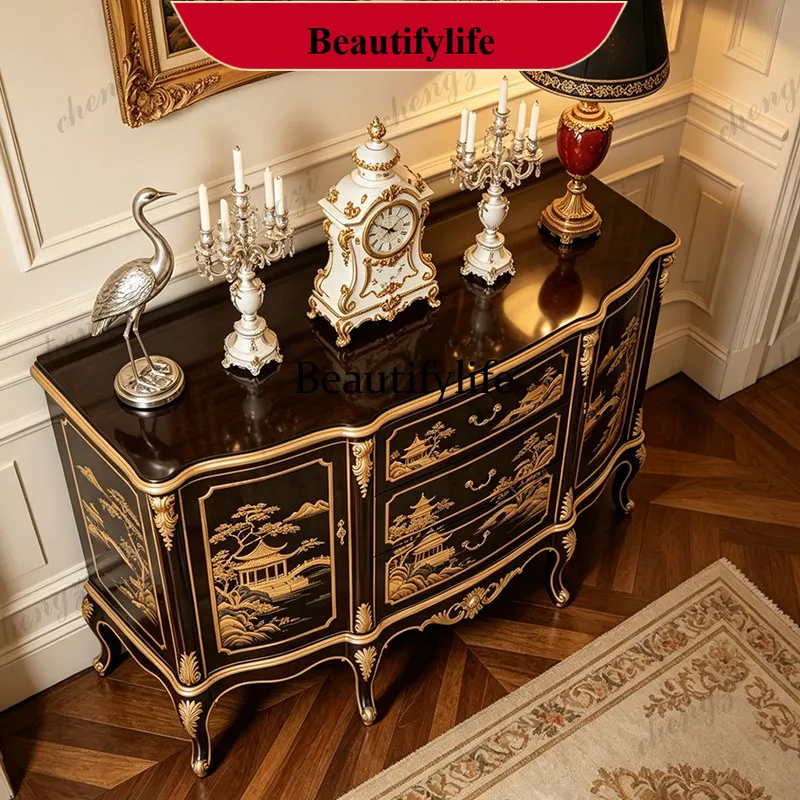 B178 High-end French vintage hand-painted gilded entryway cabinet, living room sideboard, storage cabinet