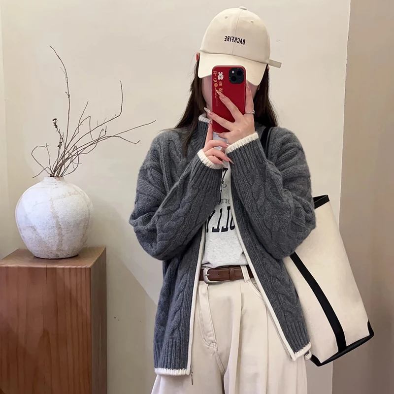 

European high neck zipper cashmere cardigan women's autumn and winter 100% wool knitted sweater loose hot selling women's top