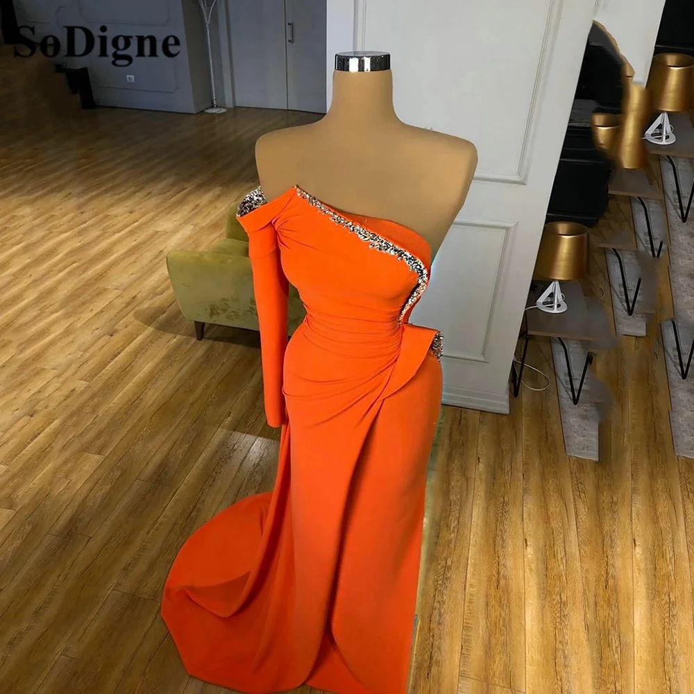 

SoDigne Orange Mermaid Evening Dresses With Sequins Beaded One Sleeve Dubai Prom Gown Satin Celebrity Party Dress 2023