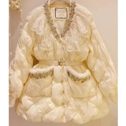 Kış dantel eklenmiş bebek yaka sarılmış bel Diamonds boncuklu pamuk yastıklı ceket aşağı sıcak pamuk kapitone Parkas hırka Tops