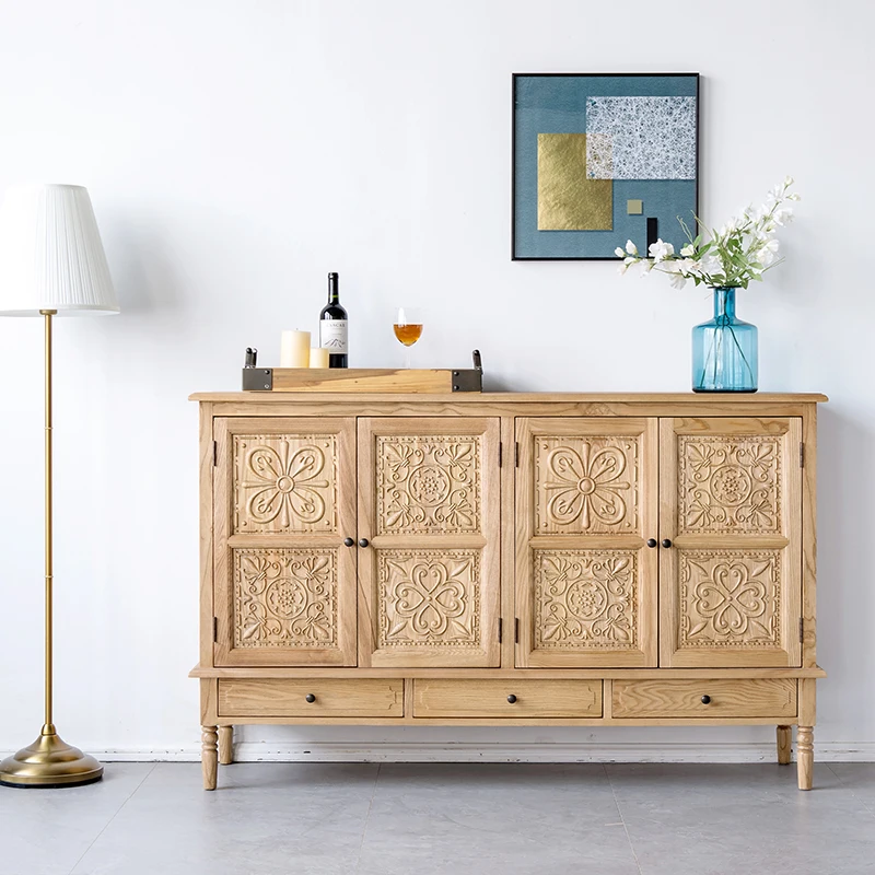 

American rural retro pastoral solid wood carving flower entrance cabinet, old bucket cabinet, wabi sandy wind