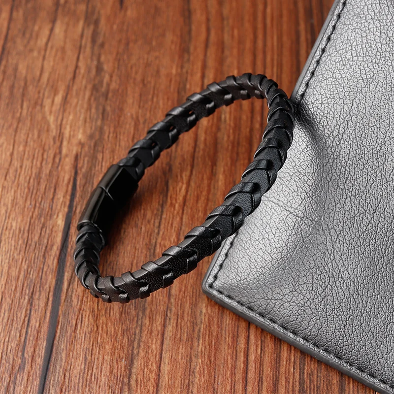 Stainless Steel Black Leather Bracelet For Men Stripe/Box Chain Color Choose Fashion Bangles Jewelry Birthday Party Gift