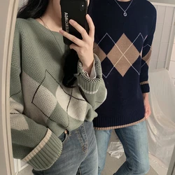 Fall Winter Vintage Loose Knitted Sweater & Jumpers Women Square Plaid Pullovers Cable Knit Tops 2023