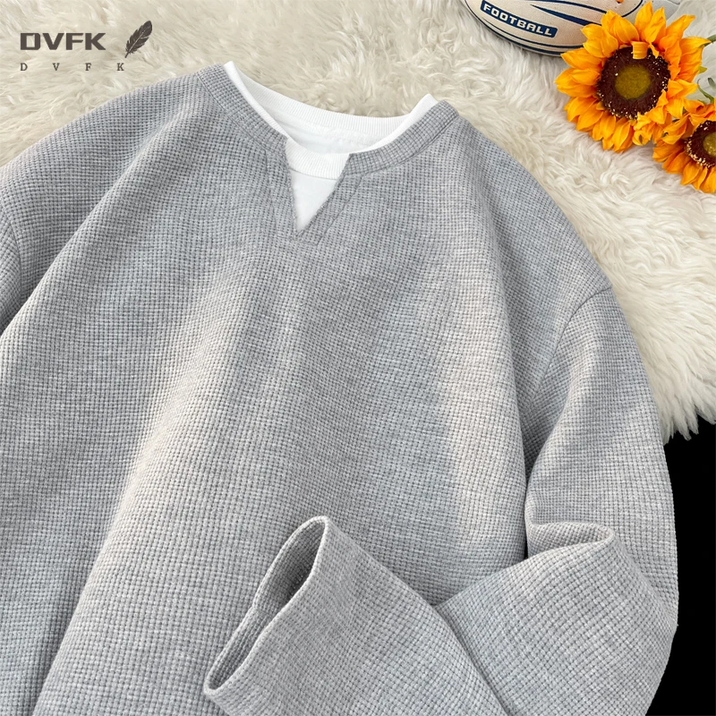 Mens Waffle Texture Long Sleeve Tee Fake Layer V Neck Design Loose Lightweight Streetwear Blouse
