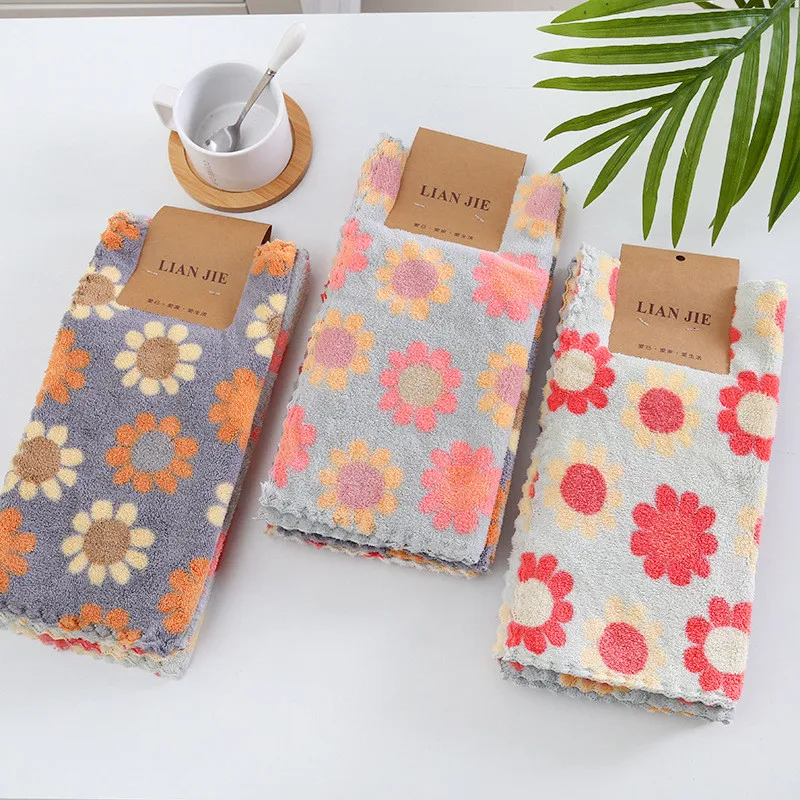 4Pcs 30x30cm Sunflower Coral Velvet Towel Water Absorbent Home Kitchen Cleaning Rag Dishcloth Scouring Pad