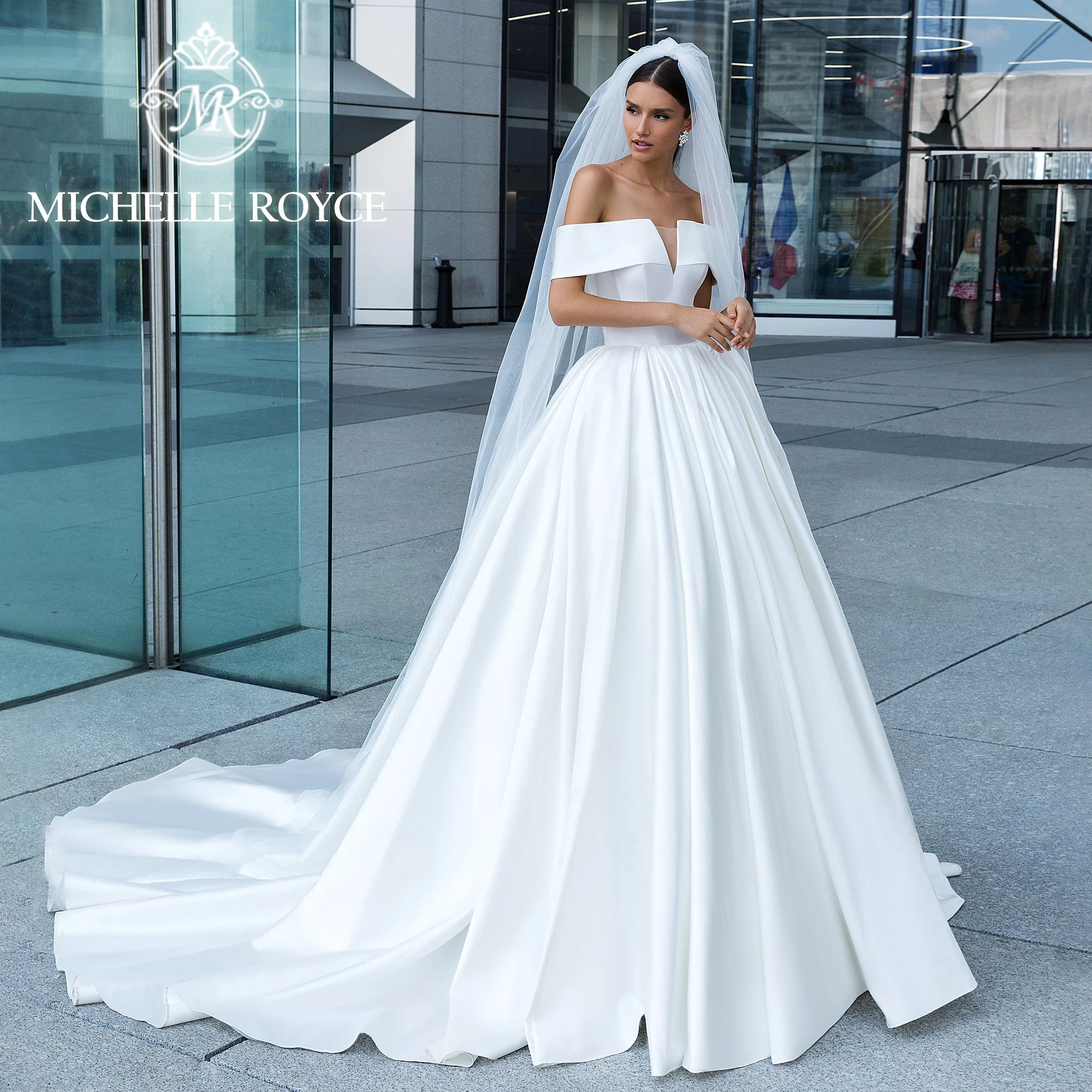 Michelle Royce Ball Gown Wedding Dresses For Women Boat Neck High-end Strapless Lace Up Satin Wedding Gown Vestidos De Novia