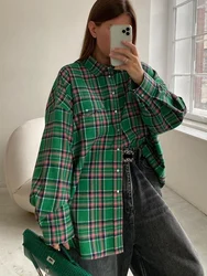 Mueyaruho 2023 Autumn Winter Women Oversized Thick Plaid Shirt Green Blue Vintage Long Sleeve Loose Fit Blouse For Woman