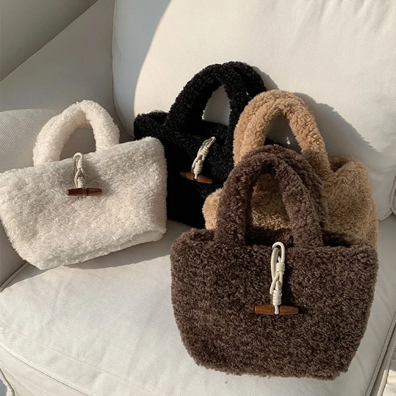 Casual Winter Warm Hairy Bag for Women Fashionable and Versatile Cute Lamb Hair Handheld Tote Bag