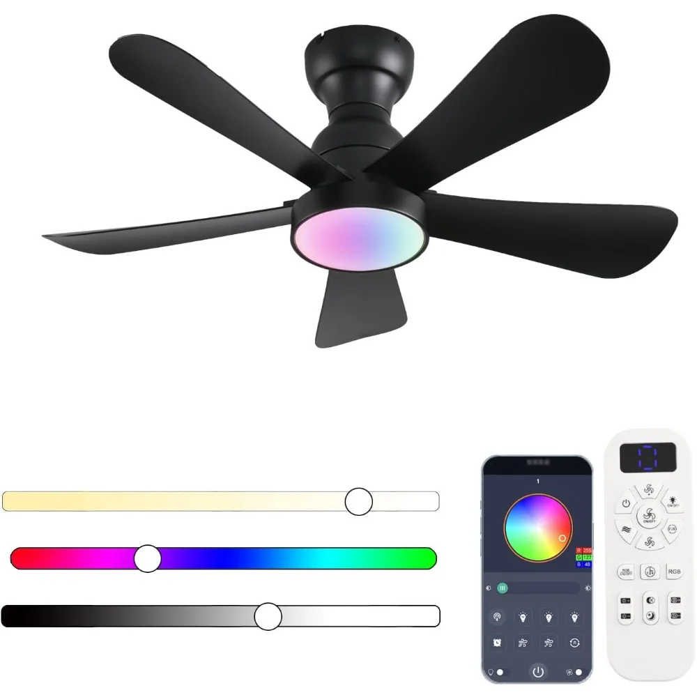 

36inch Ceiling Fans with Lights and Remote/App Control, Flush Mount Ceiling Fan with Reversible Dc Motor RGB Dimmable Light