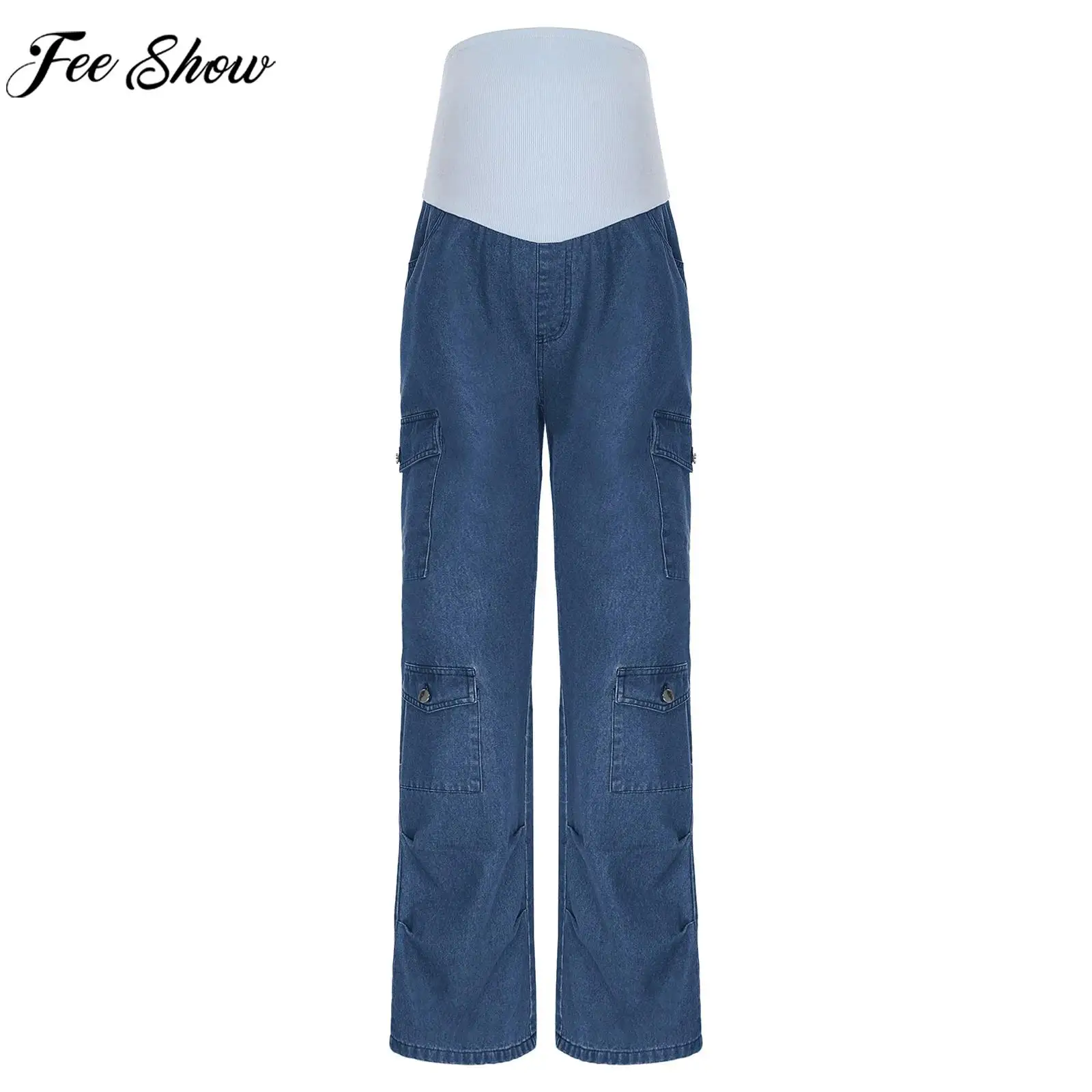 

Pregnant Women Casual Loose High Waist Cargo Jeans Stretchy Over Belly Straight-Leg Pregnancy Denim Pants Loungewear Streetwear