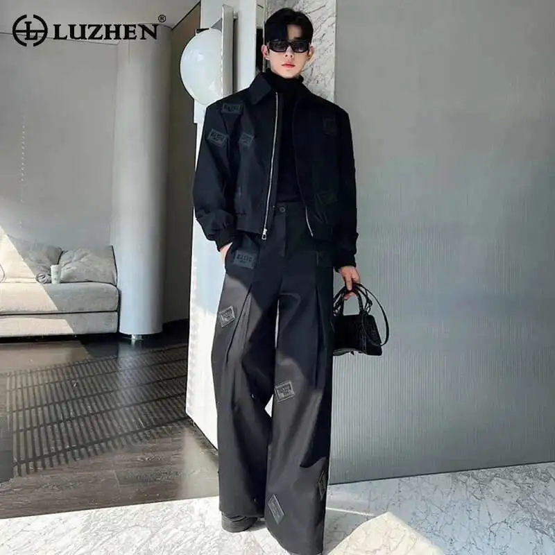 LUZHEN Original Trendy Men's Leather Pleat Splicing Design Two-piece Sets 2025 High Street Stylish Jackets Elegant Pants LZ8976