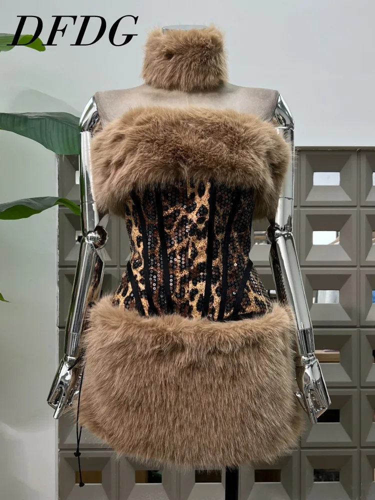 

DFDG Women’s 2025 Spring Summer Leopard Print Feather Two Piece Set Designer Bandeau Tube Top Low Waist Skirt Party Set