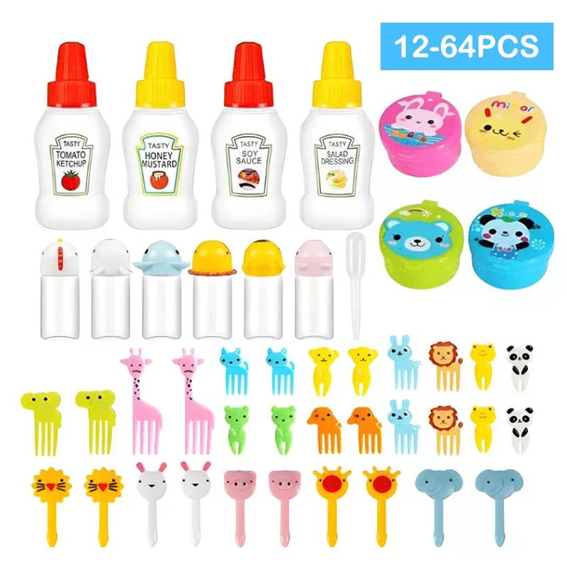 

12-46pcs Bento Box Accessory Set Cute Mini Fruit Forks Set Portable Tomato Sauce Dispenser Set For Camping School Lunch Boxes