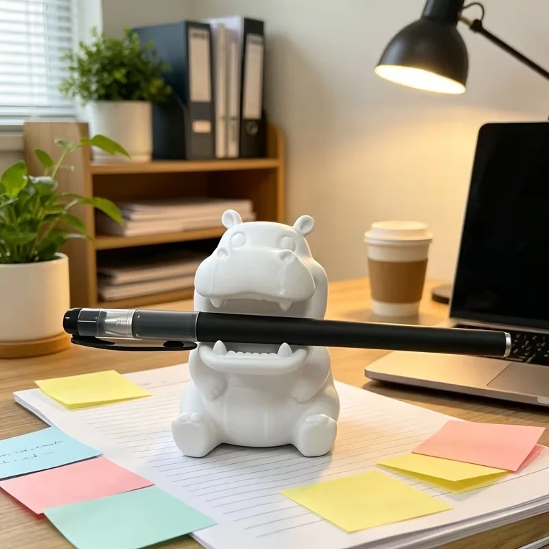 3D Printed Plastic Hippopotamus Pen Holder,3D‑Textured Cute Hippo Figurine Stationery Rack,Creative Animal‑Shaped Desk Organizer