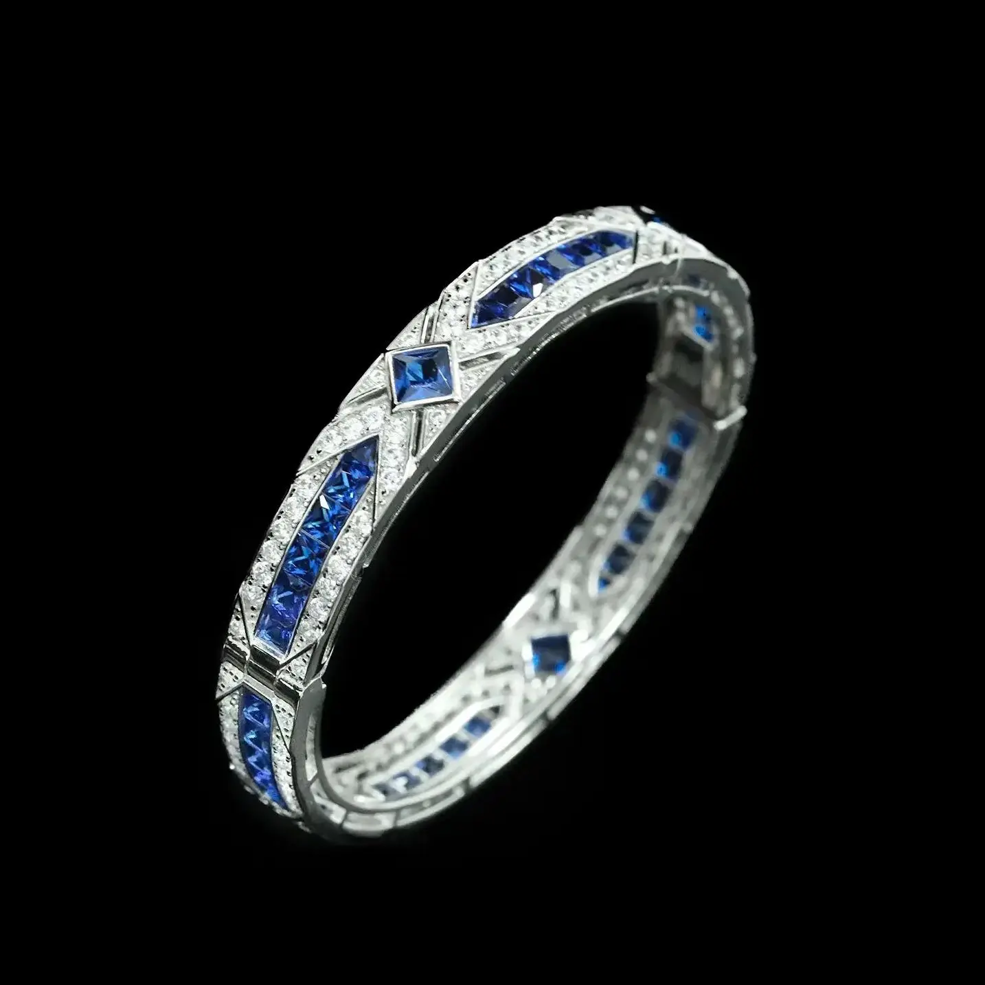 Vintage 925 Sterling Silver Bracelet Artificial Princess Cut Artificial Sapphire Art Deco Fine Jewelry for Women's Birthday Gift