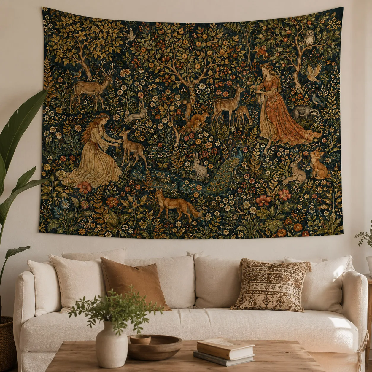 Medieval Forest Tapestry Deer Lady Peacock Floral Wall Hanging Vintage Gothic Woodland Decor for Bedroom Living Room Dorm Home