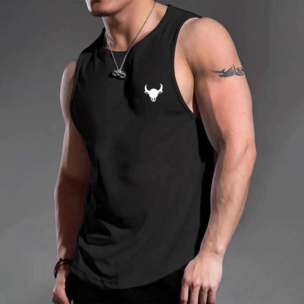 Fashion Men\'s Sleeveless T-Shirt Summer Braces Clothes bull head Print Outdoor Casual Man Gym Clothing O Neck Pullover Sportwear