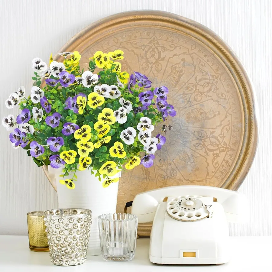 9 Bundles Artificial Flowers Outdoor Fake Pansy Flowers UV Resistant Artificial Plants Realistic Faux Silk Pansies for Porch Pa