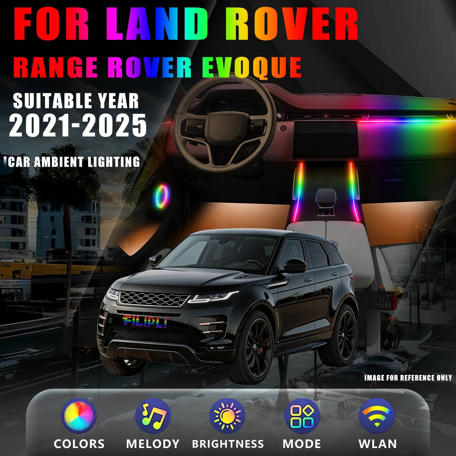 FOR LAND ROVER RANGE ROVER EVOQUE 2021-2025 YEAR DREAM COLOR 18 Lights Car Ambient Light Kit Full Flow Door Warning Auto Dim