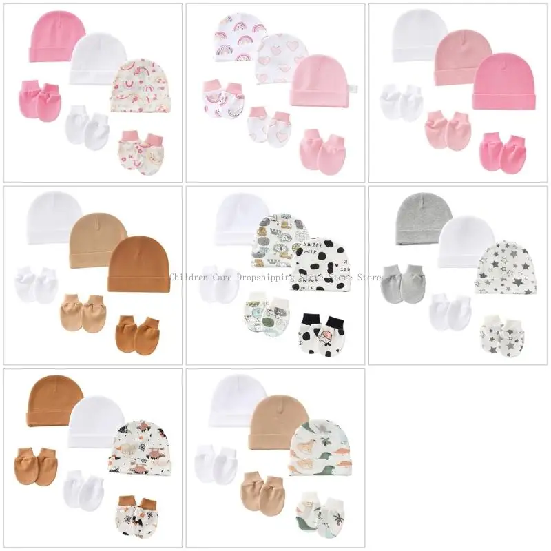 

3 Set Newborns Cotton Hat and Mittens Soft Breathable Fabric Elastic Fetal Caps Foldable Cuffs for Baby Boys Girls
