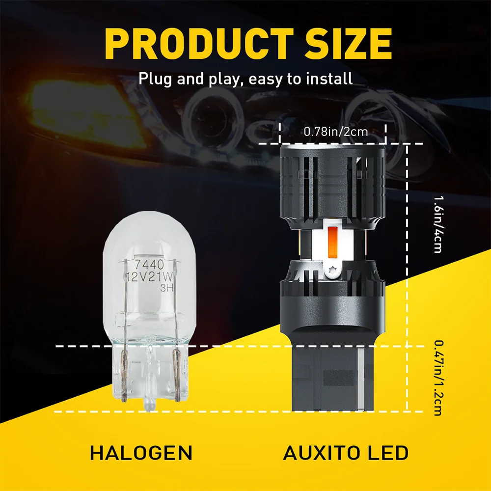 AUXITO 2 قطعة Canbus T20 7440 7440NA LED بدوره مصباح إشارة لمبات 2200 كيلو العنبر الأصفر W21W WY21W LED مؤشر مصباح مع مروحة 12 فولت